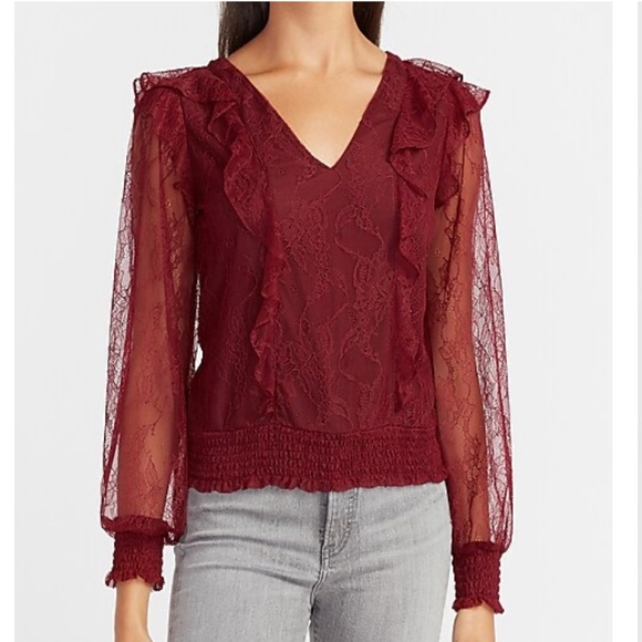 Express Tops - Express, woman’s, Lace Ruffle Front V-Neck Top, size Lg.